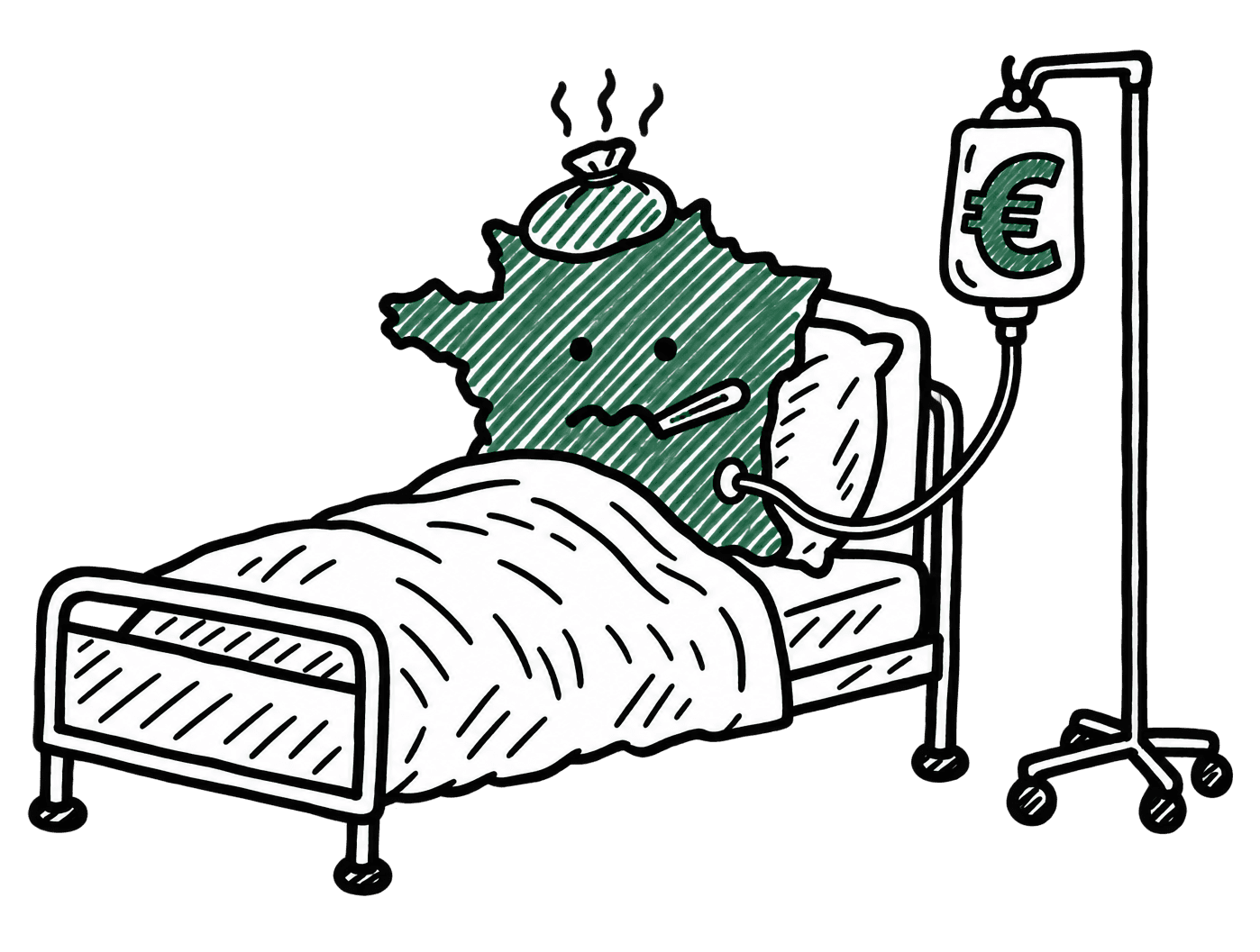 La France allongée dans un lit d'hôpital, thermomètre dans la bouche et perfusion d'euros