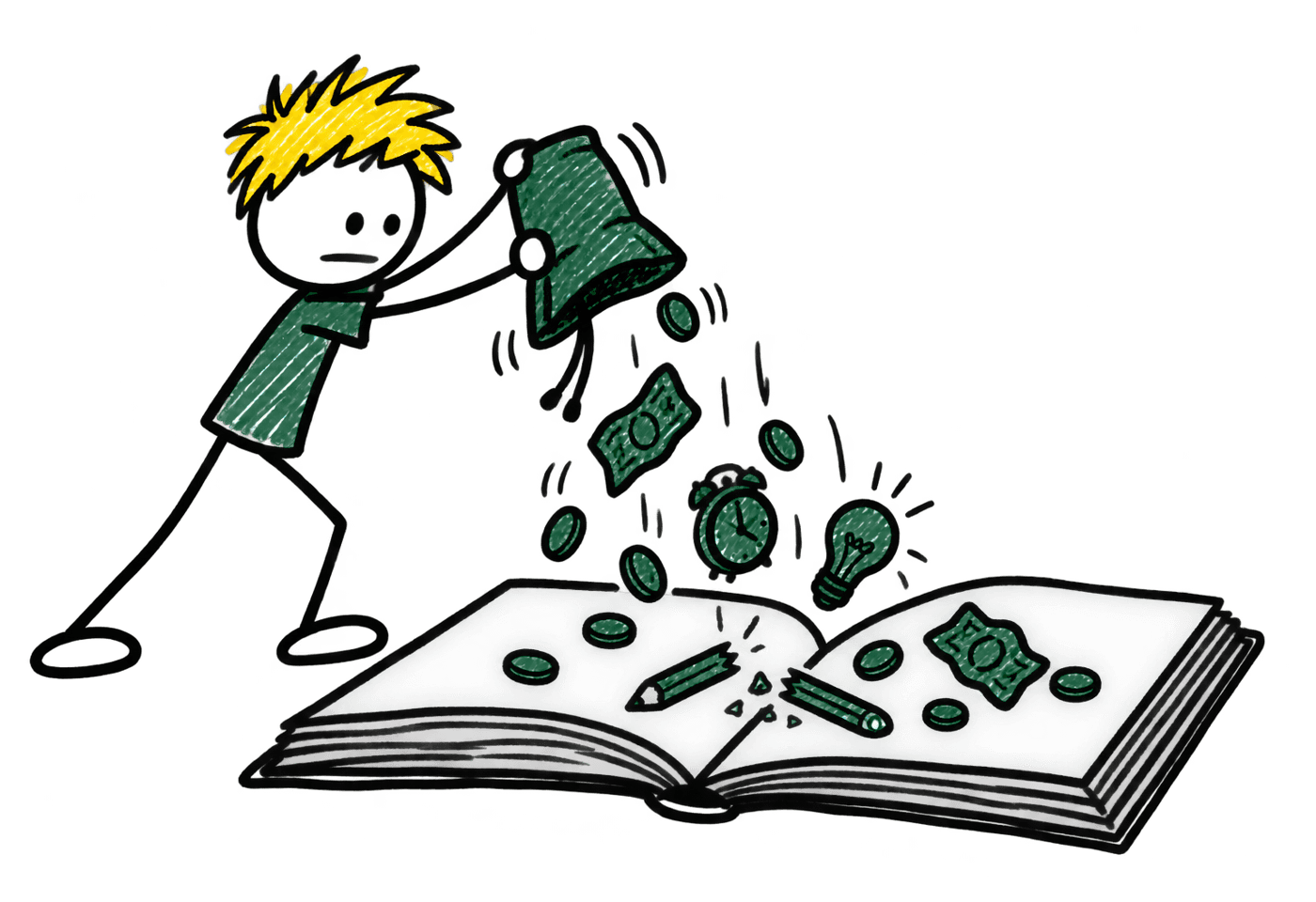 Le personnage vidant son sac sur les pages ouvertes du livre