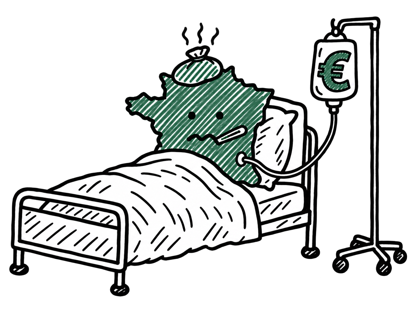 La France allongée dans un lit d'hôpital, thermomètre dans la bouche et perfusion d'euros