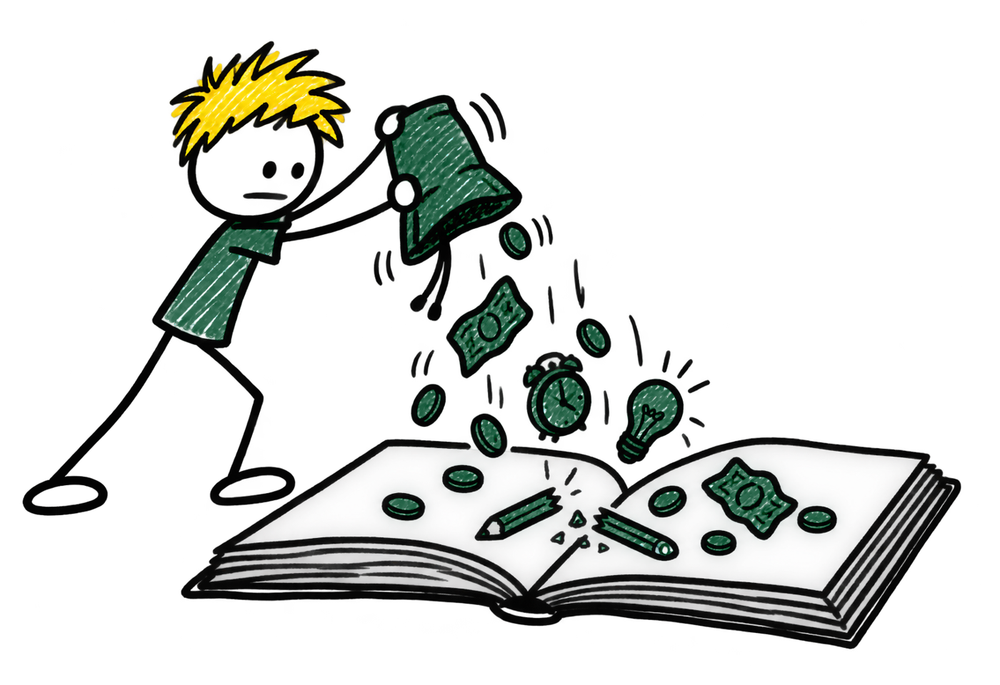 Le personnage vidant son sac sur les pages ouvertes du livre